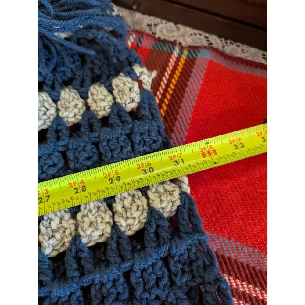 Handmade Dark Blue and Gray Crocheted Afghan throw w/ Fringe 84